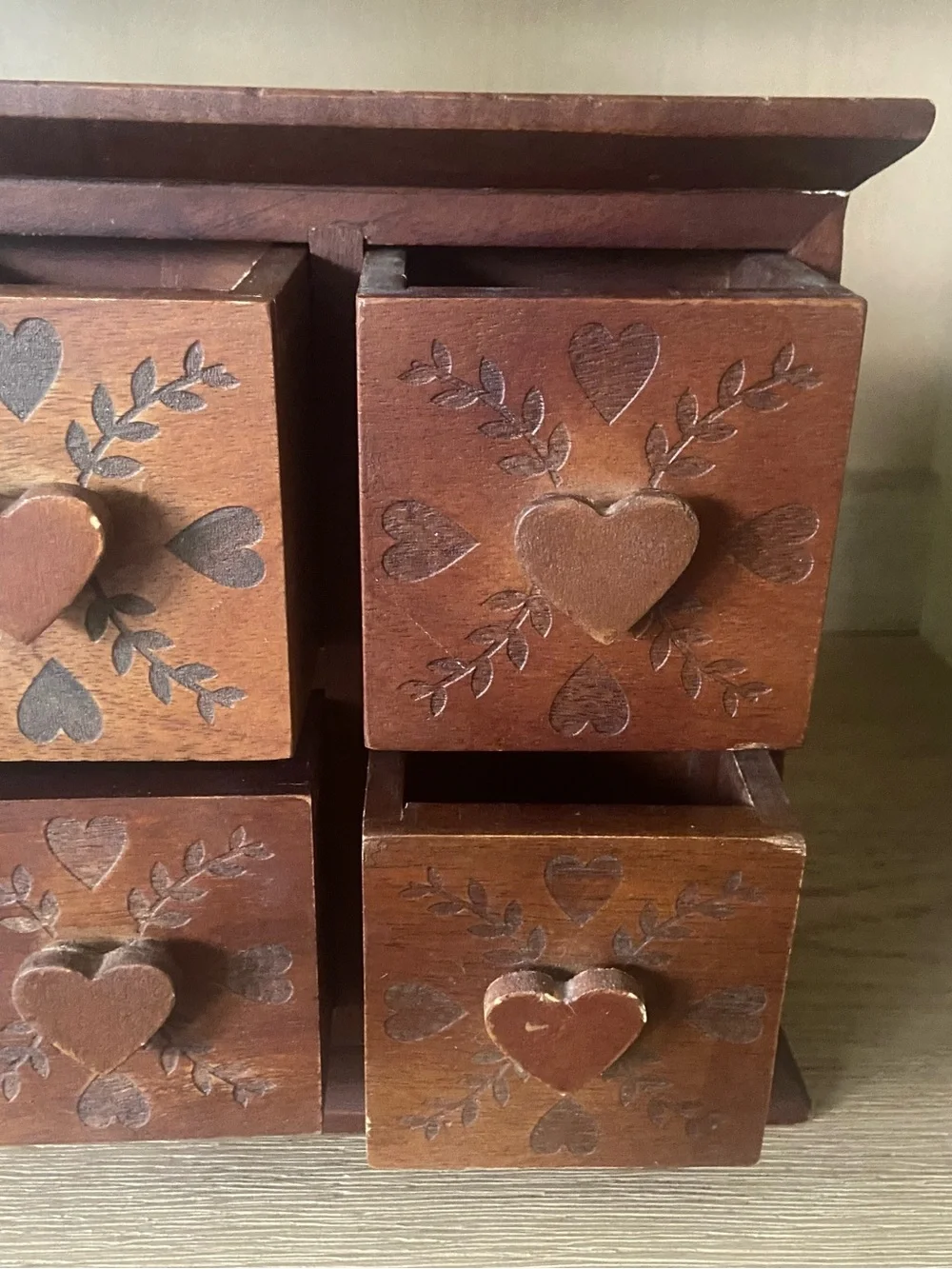 Vintage Solid Wood 4 Drawer Trinket Chest Herb Drawer Hand Carved Heart Folk Art